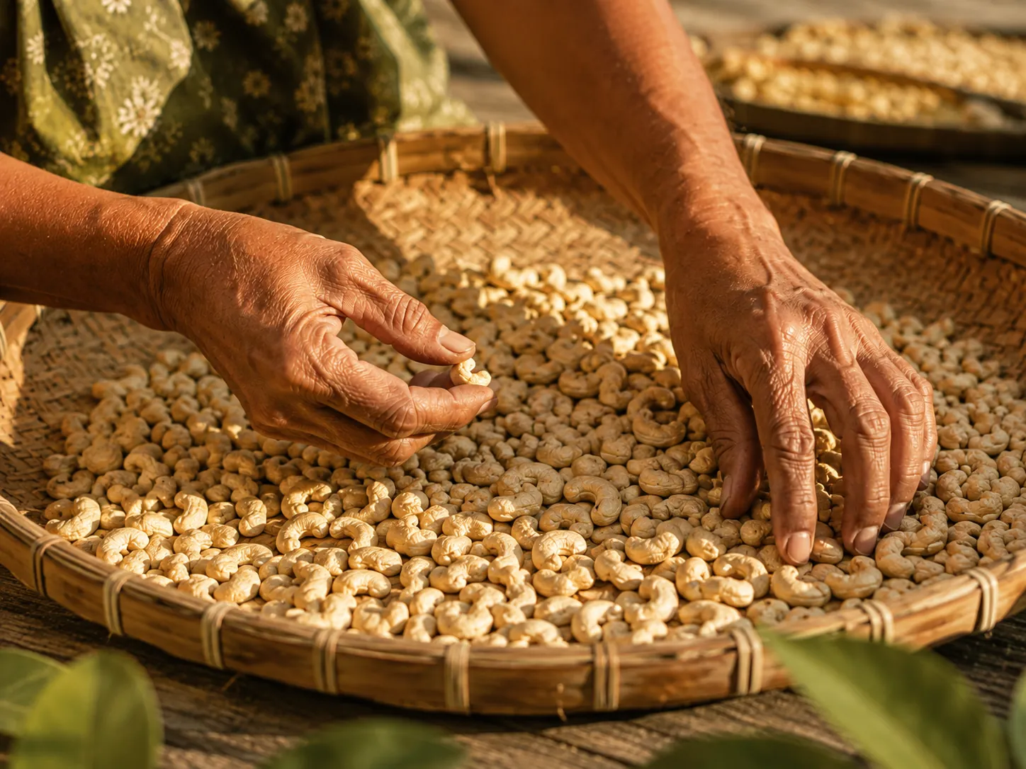 Hands sorting freshly harvested cashew kernels by size on a woven tray