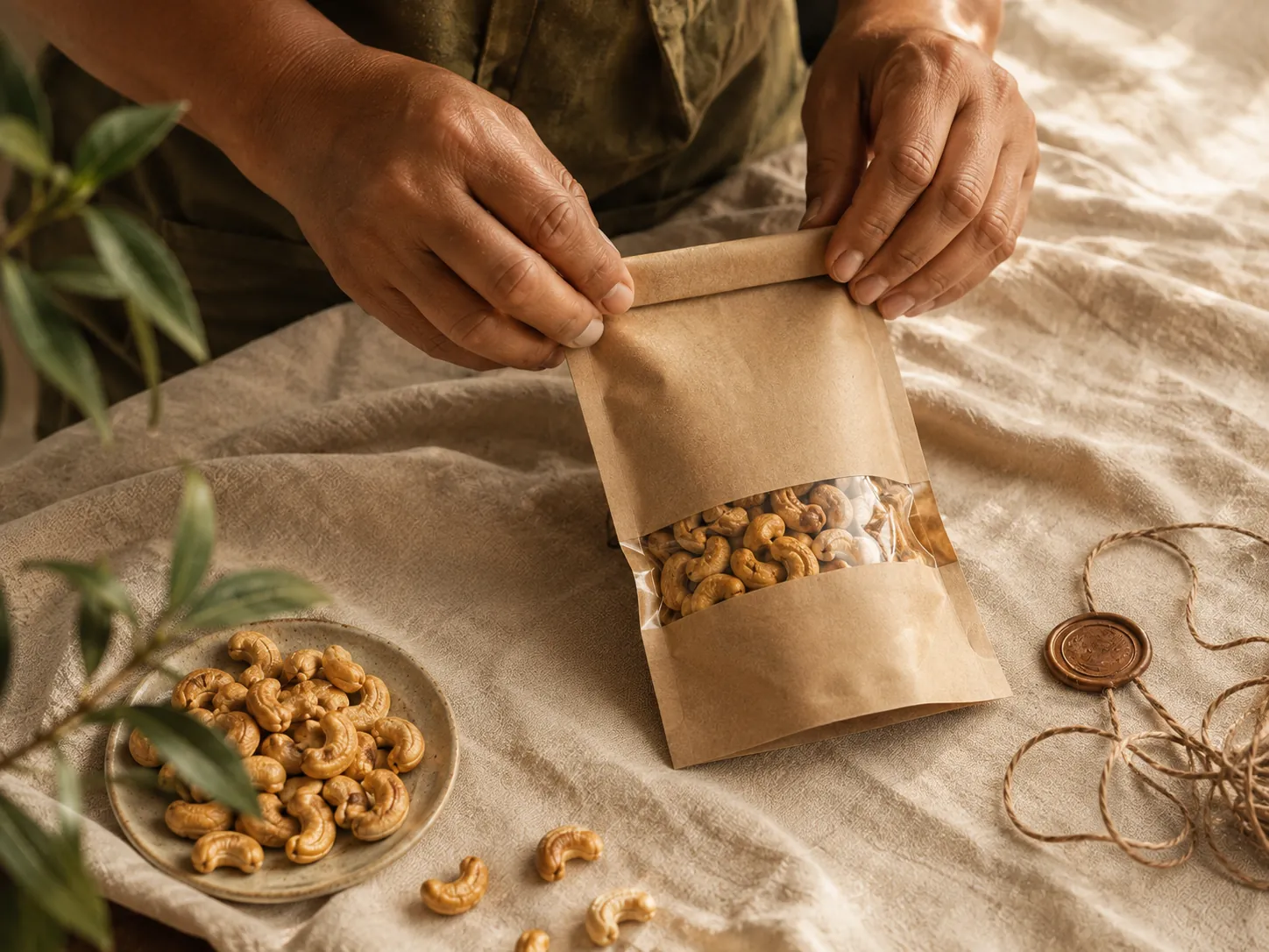 Hands sealing a kraft pouch of roasted cashews