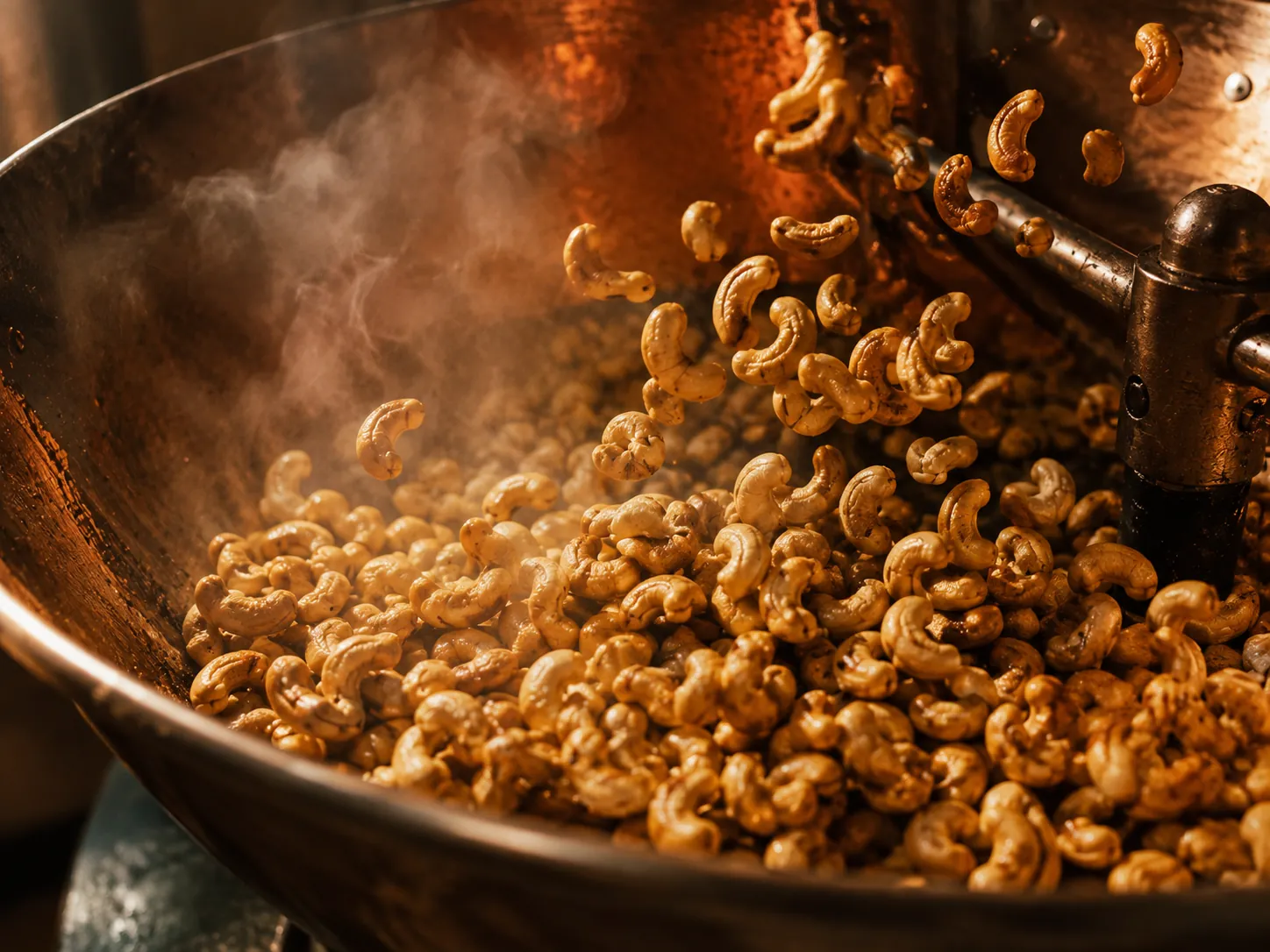 Cashew kernels tumbling in a copper roasting drum