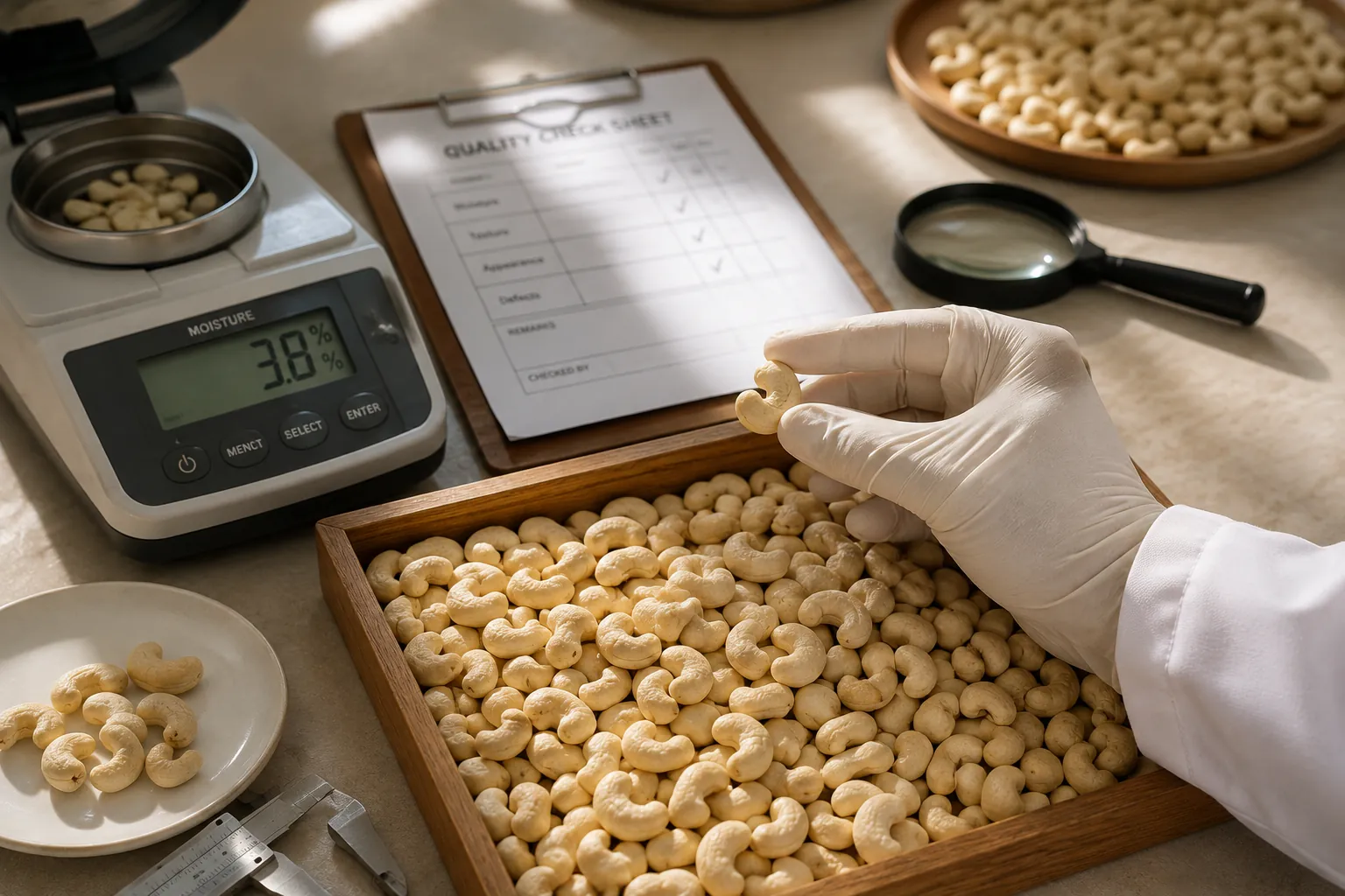 Quality control team inspecting cashew kernels