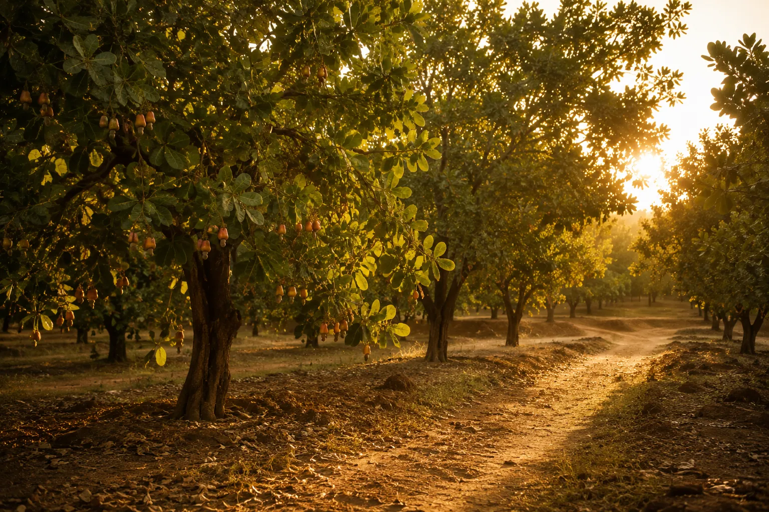 Cashew orchard at golden hour